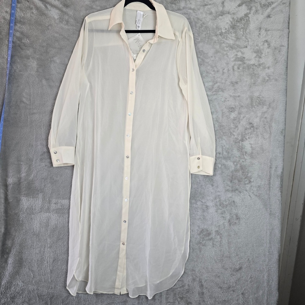 WynneLayers Cream Sheer Chiffon Button Down Shirt Dress Long Sleeve Size M NEW